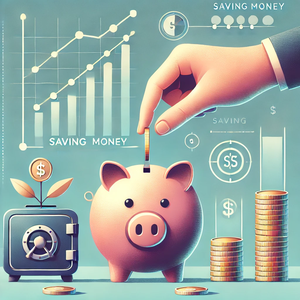 DALL·E 2024-10-21 21.06.19 - An image illustrating the concept of saving money, without any text or labels. The image features a piggy bank, stacks of coins, and a hand placing a