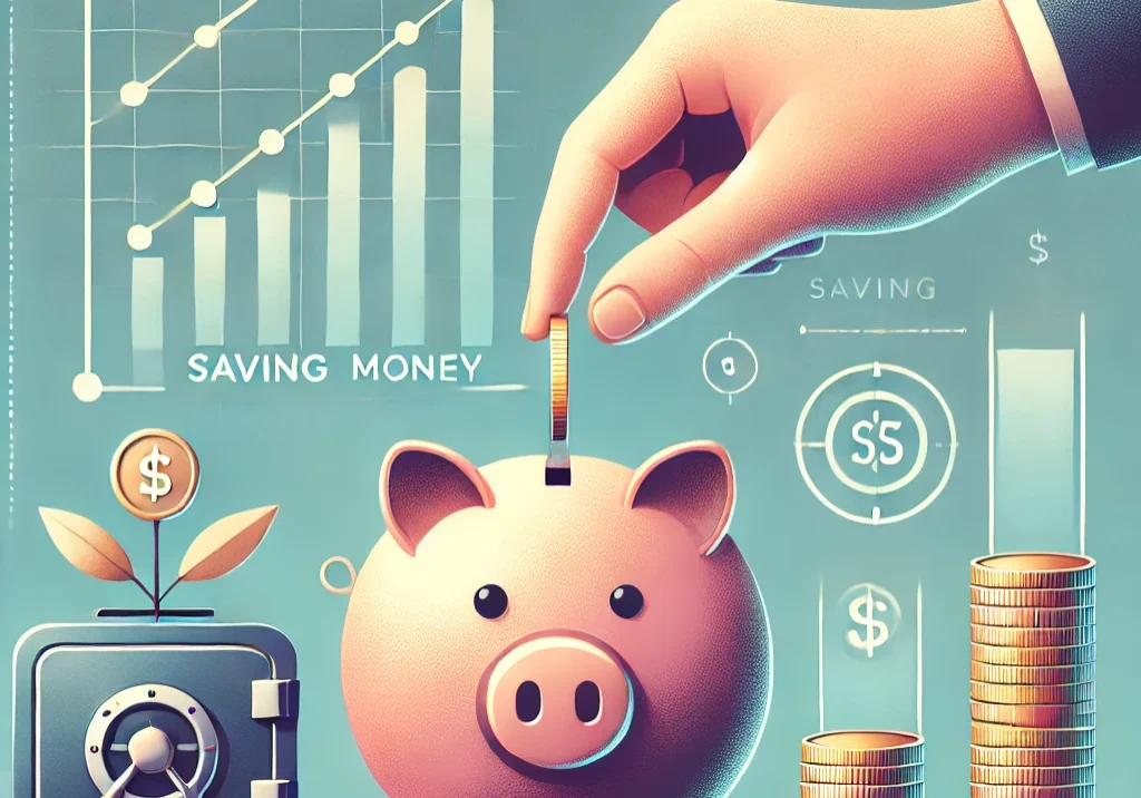 DALL·E 2024-10-21 21.06.19 - An image illustrating the concept of saving money, without any text or labels. The image features a piggy bank, stacks of coins, and a hand placing a